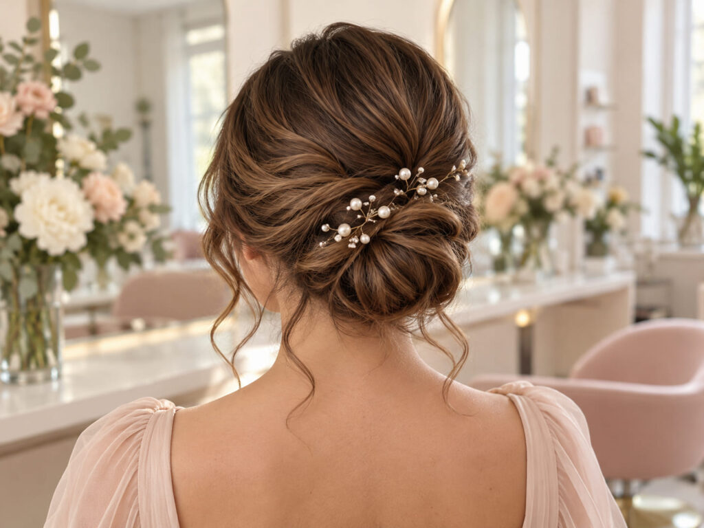 Elegant low bun updo with small pearl pins