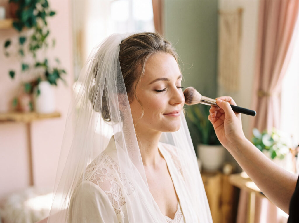 Bride having soft natural makeup applied