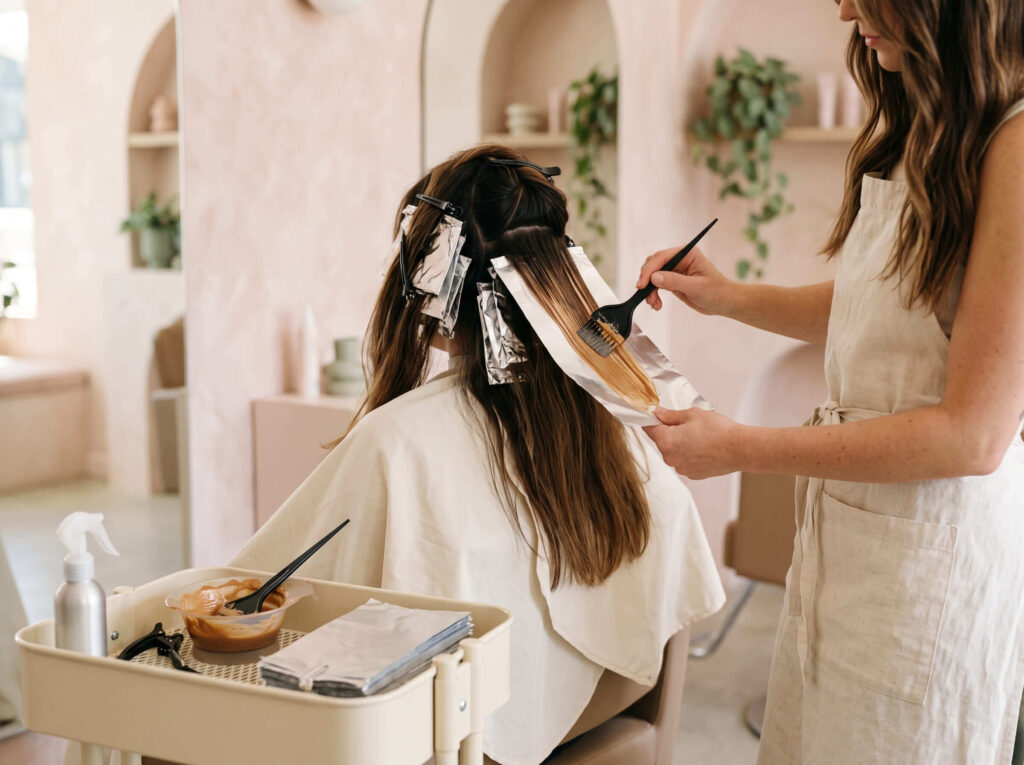 Colourist painting caramel balayage onto hair