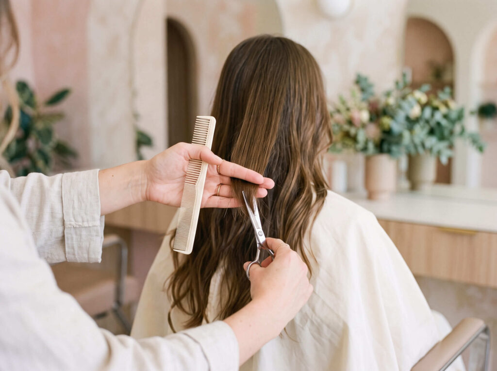 Stylist trimming long brown hair with scissors and comb