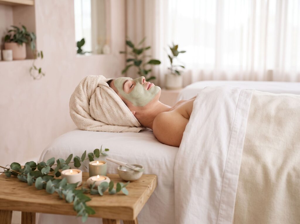 Relaxed woman enjoying a facial with a green face mask