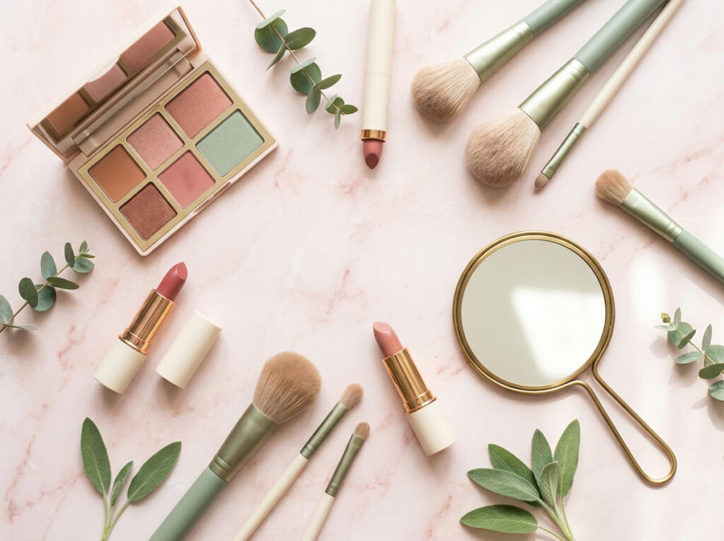 Makeup palette, lipsticks and brushes on a blush vanity